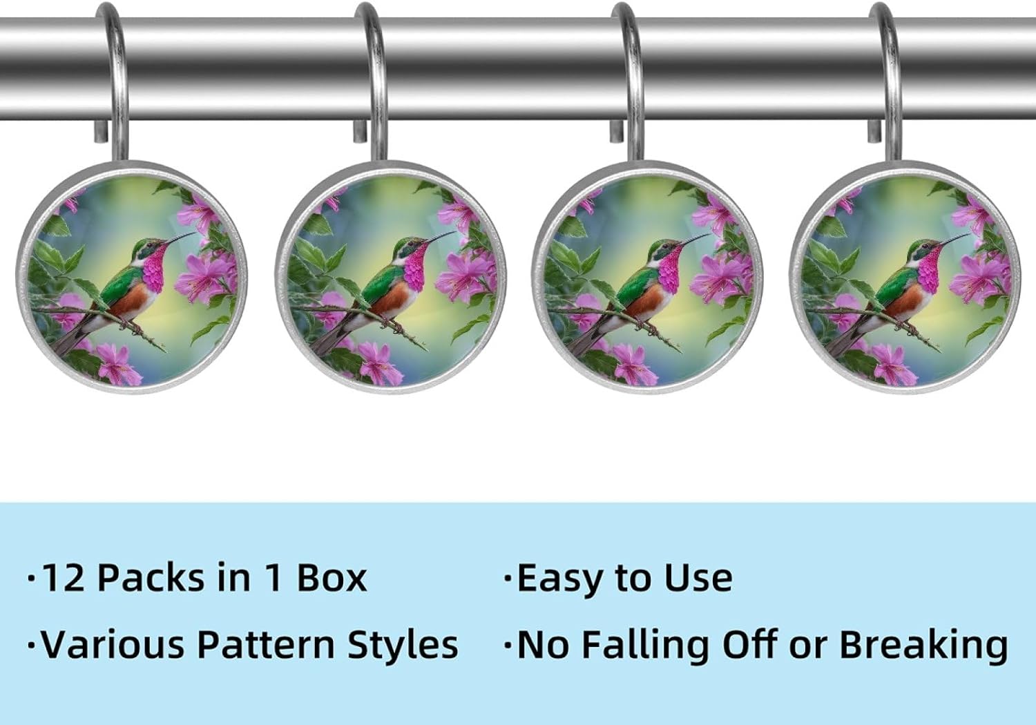 Bird Flower 12 Packs Shower Curtain Hooks Glass Surface Curtain Hooks Rings, Rust Proof Stainless Steel Shower Hanger for Bathroom Bathtub Kitchen Home Rod Decor