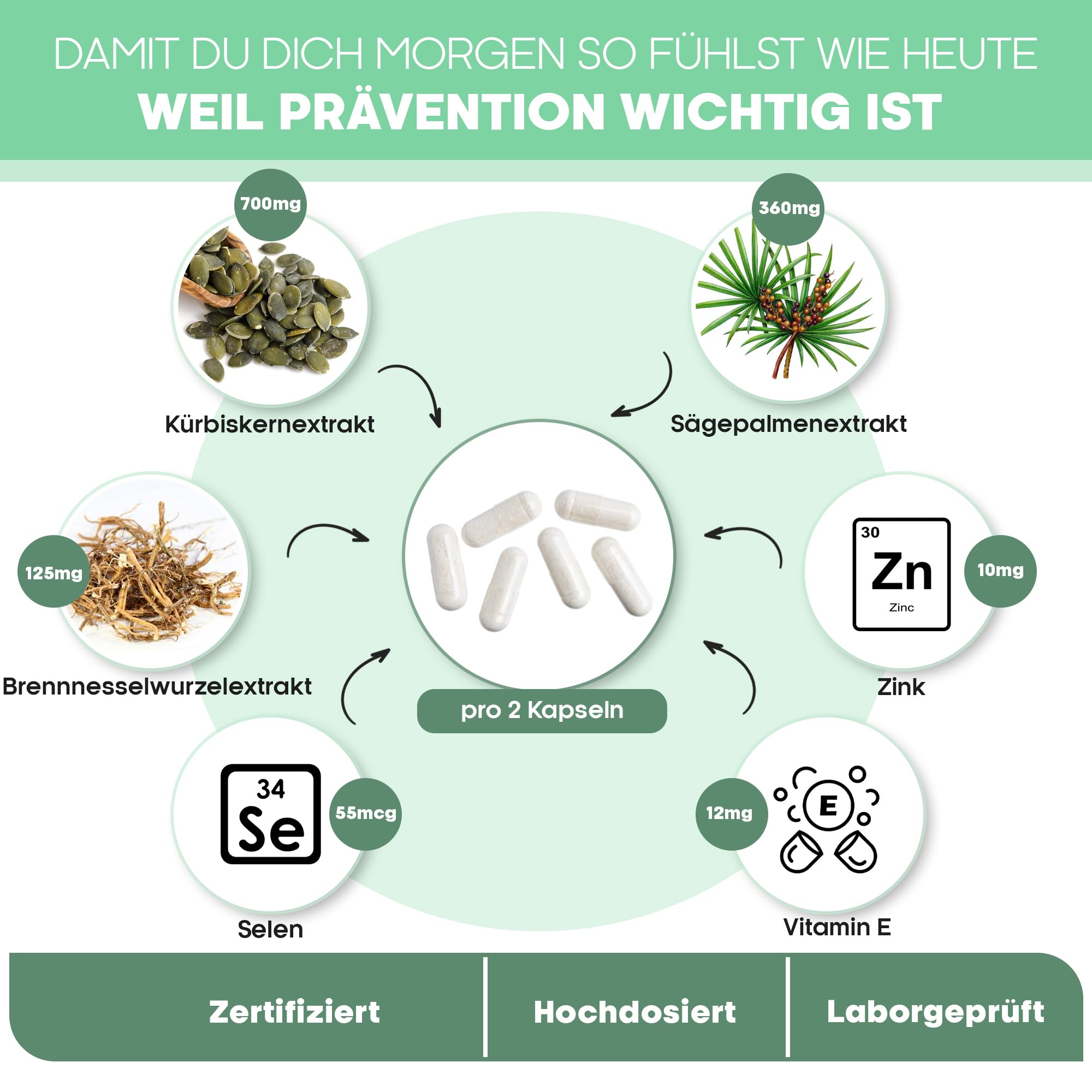 Prosta Plus Komplex - 180 Prostata Kapseln hochdosiert - einzigartige Formel aus Kürbiskern-, Sägepalmen-, Brennnesselwurzelextrakt mit Zink, Vitamin E & Selen - geprüfte Prostata Komplex Kapseln
