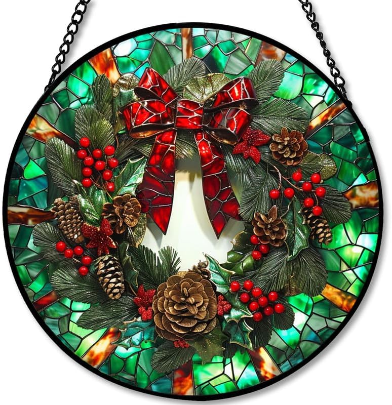 Stained Glass Window Hanging - 7.8in Christmas Wreath with Red Bow, Pine Cones, Berries Sun Catchers Panel for Indoor Decorative Display for Mom, Wife, Lovers, Festive
