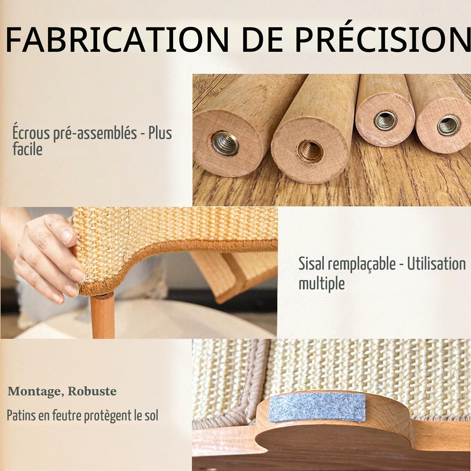 CheerPals Griffoir en sisal pour chat - Design incurvé à 160 ° - Bois de hêtre massif et sisal naturel - Extra large - 60 x 35 x 15 cm - Meuble griffoir pour tous les chats