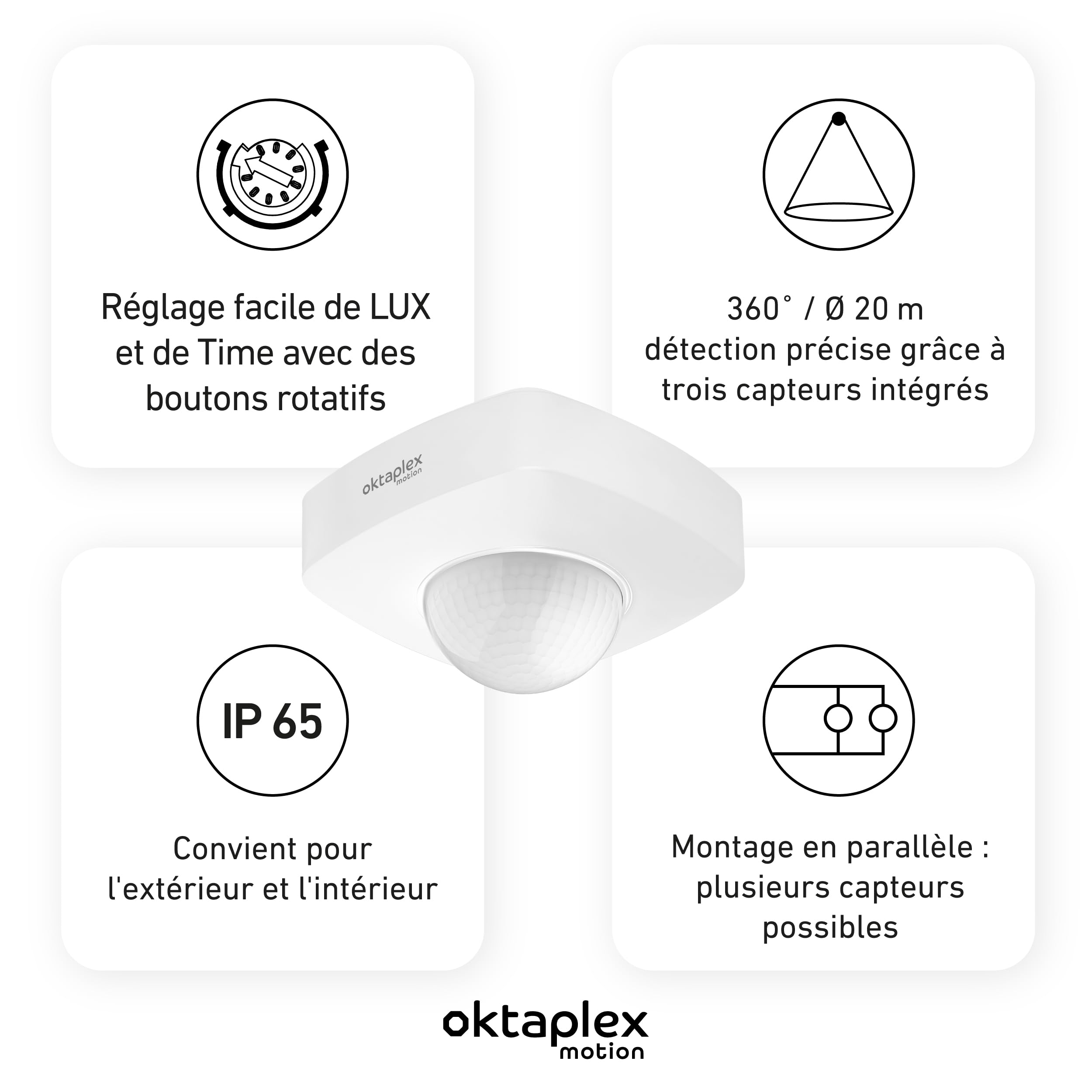 Oktaplex Tim Lot de 2 détecteurs de Mouvement extérieurs Blancs 360°