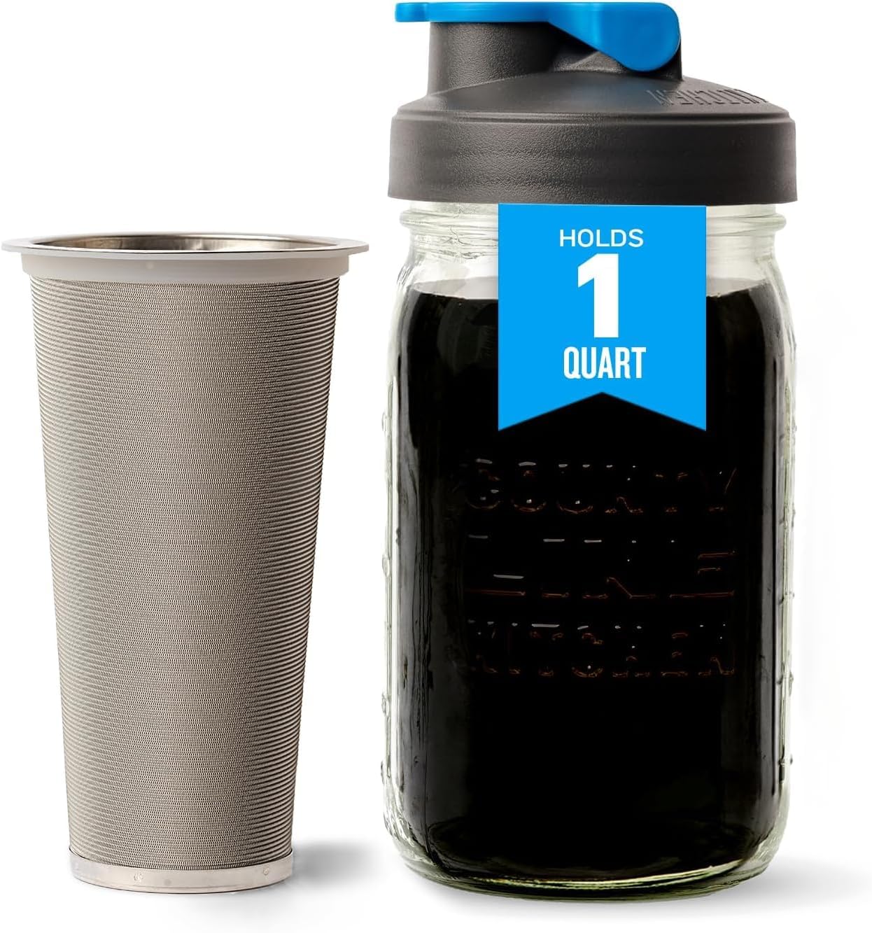 County Line Kitchen Cold Brew Coffee Maker, Mason Jar Pitcher - Heavy Duty Soda Lime Glass w/Stainless Steel Mesh Filter & Flip Cap Lid - Iced Tea & Coffee