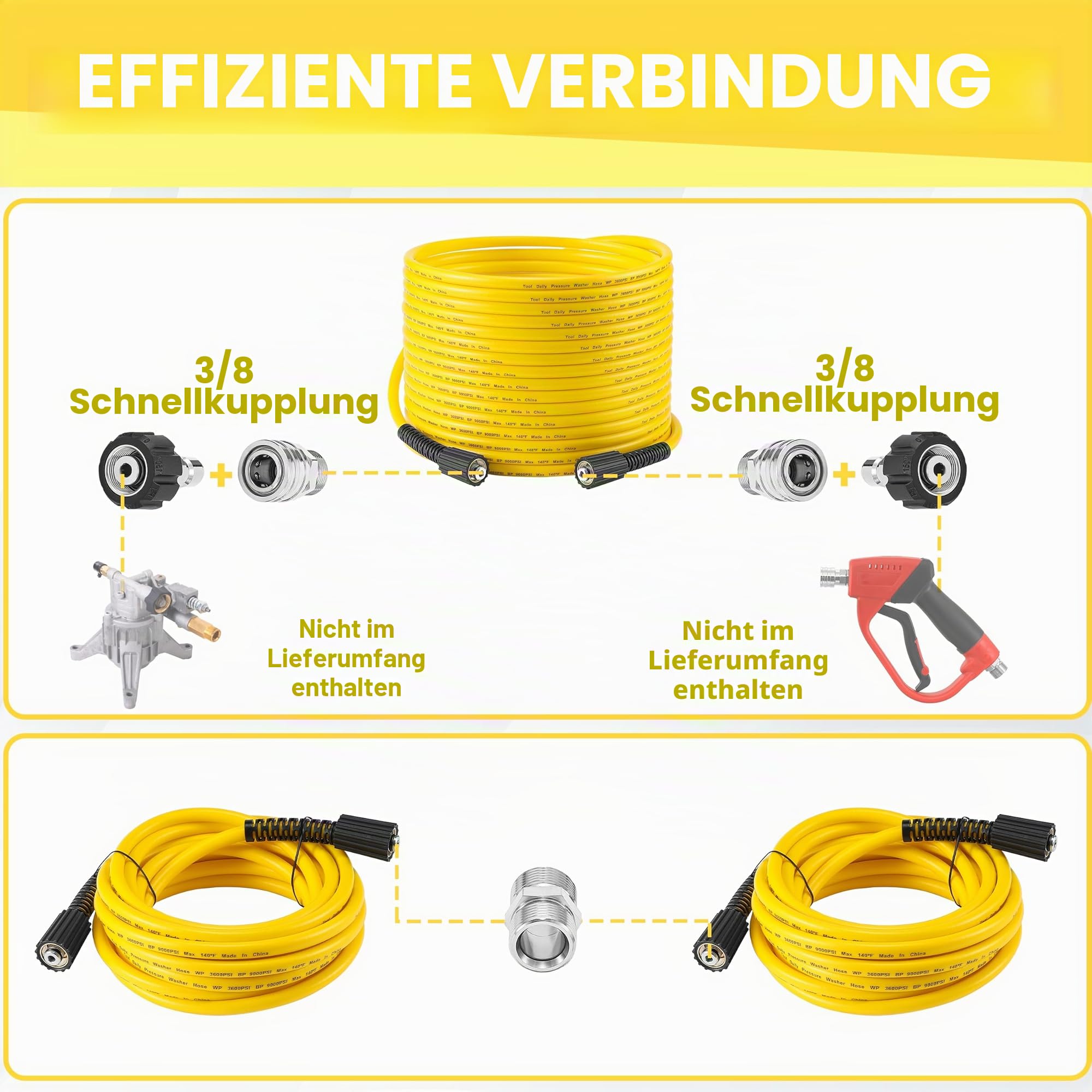 Tool Daily Hochdruckreiniger Schlauch 30m (100FT) x 1/4 Zoll, Ersatz-Verlängerungsschlauch mit M22-14mm Anschluss, Knickfest und biegsam, 3/8 Zoll QD-Schnellkupplungs-Set, 248 bar