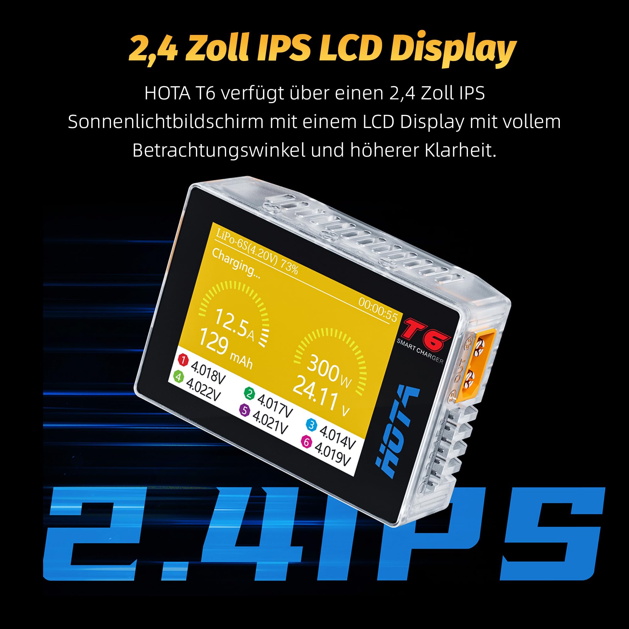 HOTA T6 1-6S Lipo Akkuladegerät, RC Smart Akkuladegerät | 300W, XT60, PD Doppeleingang, 15A RC Autoladegerät, unterstützt PD3.0, QC Schnellladeprotokolle