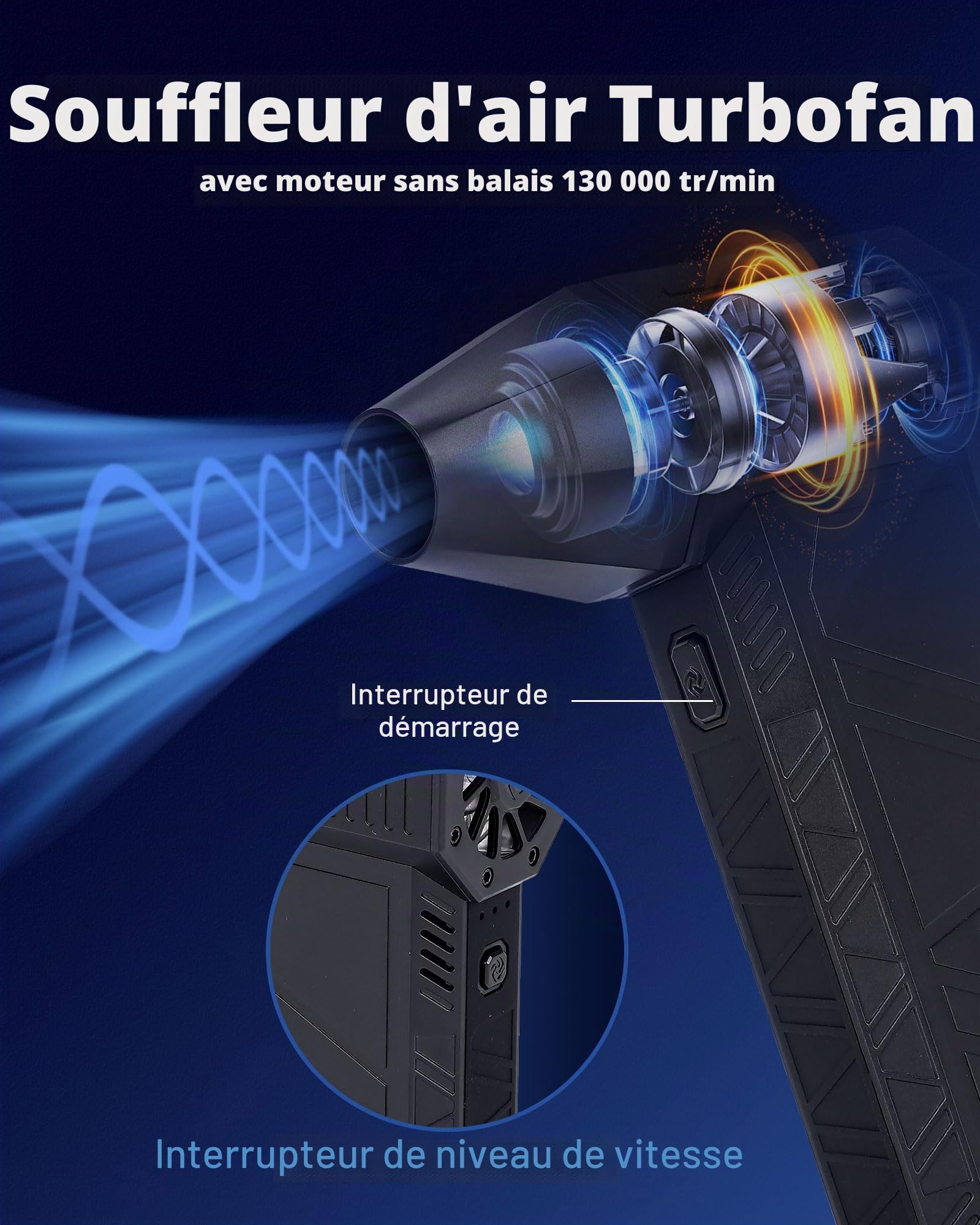 Turbo Fan X3 Max Dépoussiéreur et souffleur d'air électrique – 130 000 tr/min, 52 m/s – Kit de nettoyage pour intérieur et extérieur – Pour la maison et le bureau