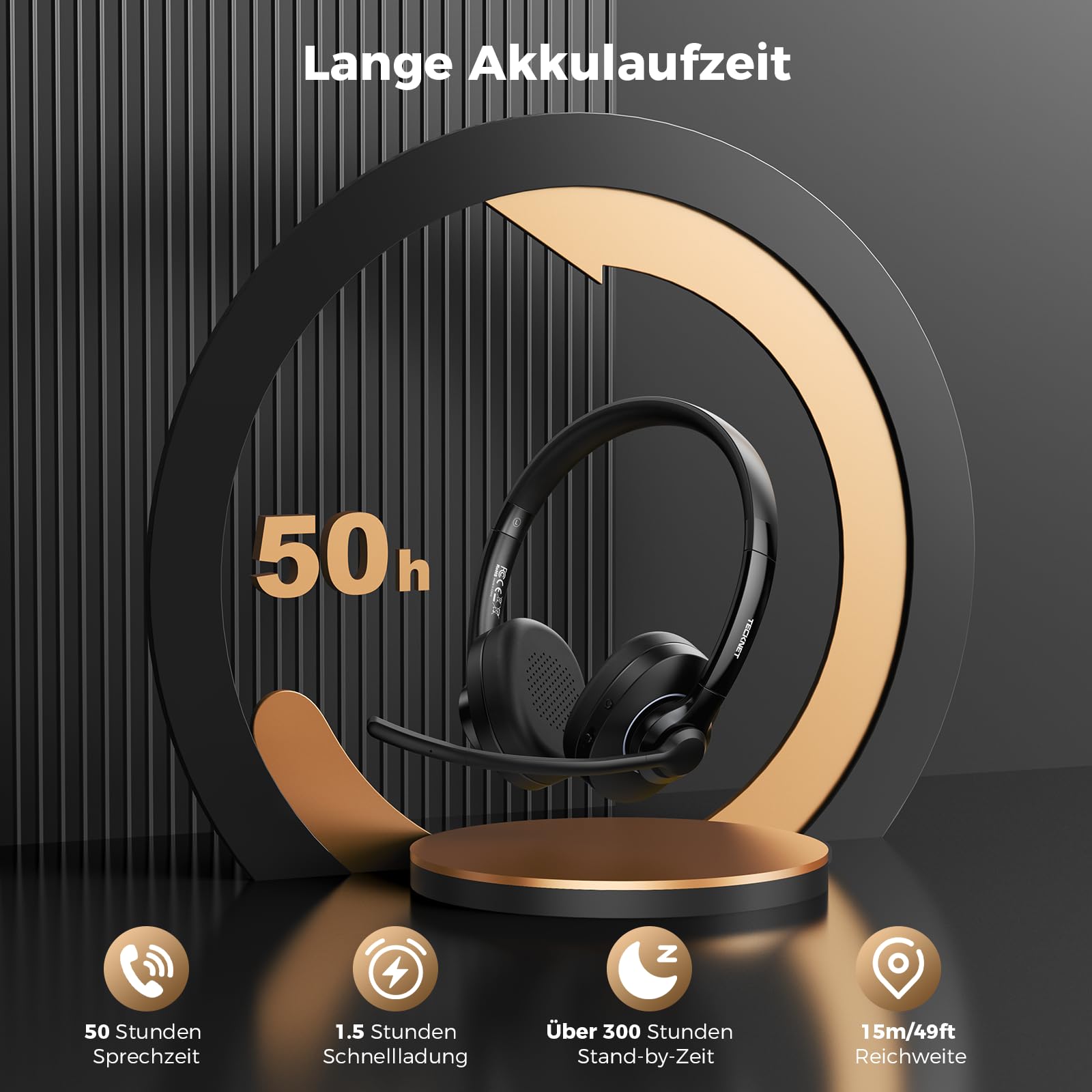 TECKNET V6.0 Bluetooth Headset mit Mikrofon,Wireless Headset mit AI Noise Cancelling Bluetooth Kabellos Kopfhörer PC On Ear mit USB-C Empfänger Büro/Trucker/Callcenter - 50+ Std. Akku