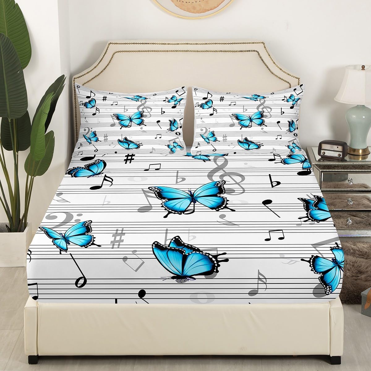 Music Kids Fitted Sheet Queen Size,Music Note Piano Musical Bedding Set,Boys Girls Adults Room Decor,Blue Butterfly Rustic Country Bed Cover,Black White Fashion Bed Sheet,2 Pillowcases