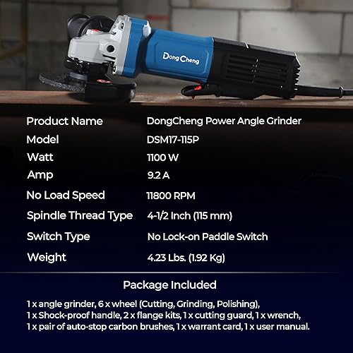 Miniatura 9 de DongCheng Amoladoras Angulares de 9.2 Amperios, 4-1/2 pulg., 11800RPM, Protector sin Herramientas, Herramienta Amoladora Eléctrica de Metal,