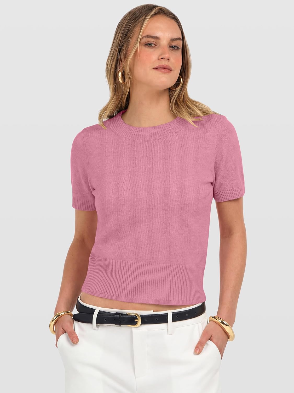 ANRABESS Womens Short Sleeve Sweaters Cropped Crew Neck Business Casual Lightweight Sweater Tops 2026 Spring Summer Outfits