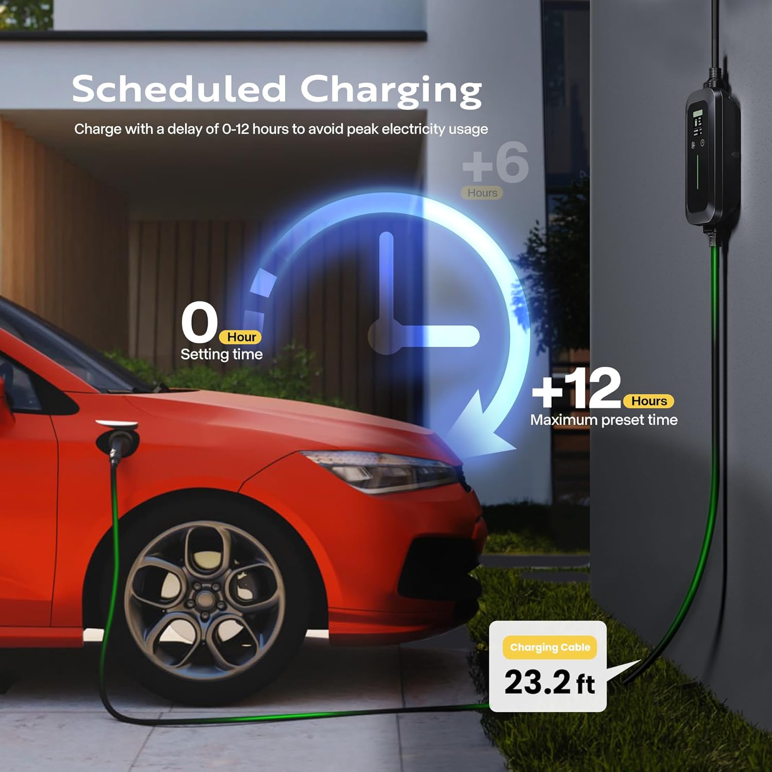 VIVOHOME EV charger displaying scheduled charging feature with a car in the background.