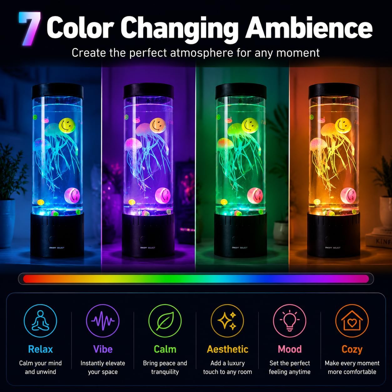 Jellyfish Lamp with Smile Face, Floating Balls & Colorful Beads, 4-Hour Auto Shut-Off RGB Color Changing LED Mood Light, Night Light for Kids Bedroom Home Office Desk Decor Gift