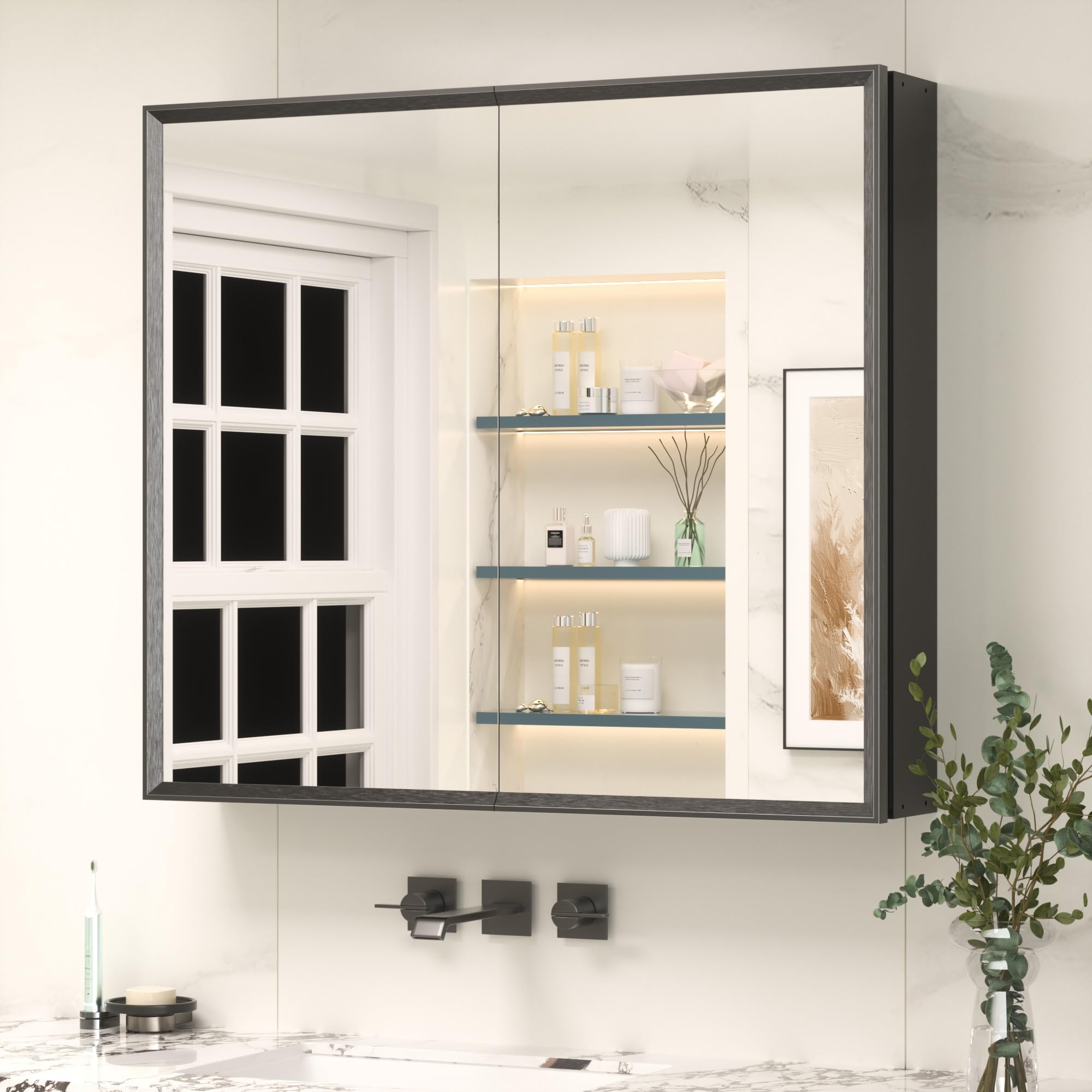 Keonjinn Bathroom Mirror Cabinets 75x65cm, Assembly Required, Black Aluminum Frame Mirrored Bathroom Cabinet Wall Mounted with Storage, Adjustable Shelf Wall Cabinet with Mirror, Double Door