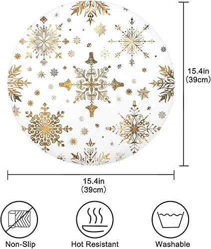 Miniatura 3 de Juego de 6 manteles individuales redondos con patrón de copos de nieve dorados y blancos para mesa de cocina, manteles individuales lavables