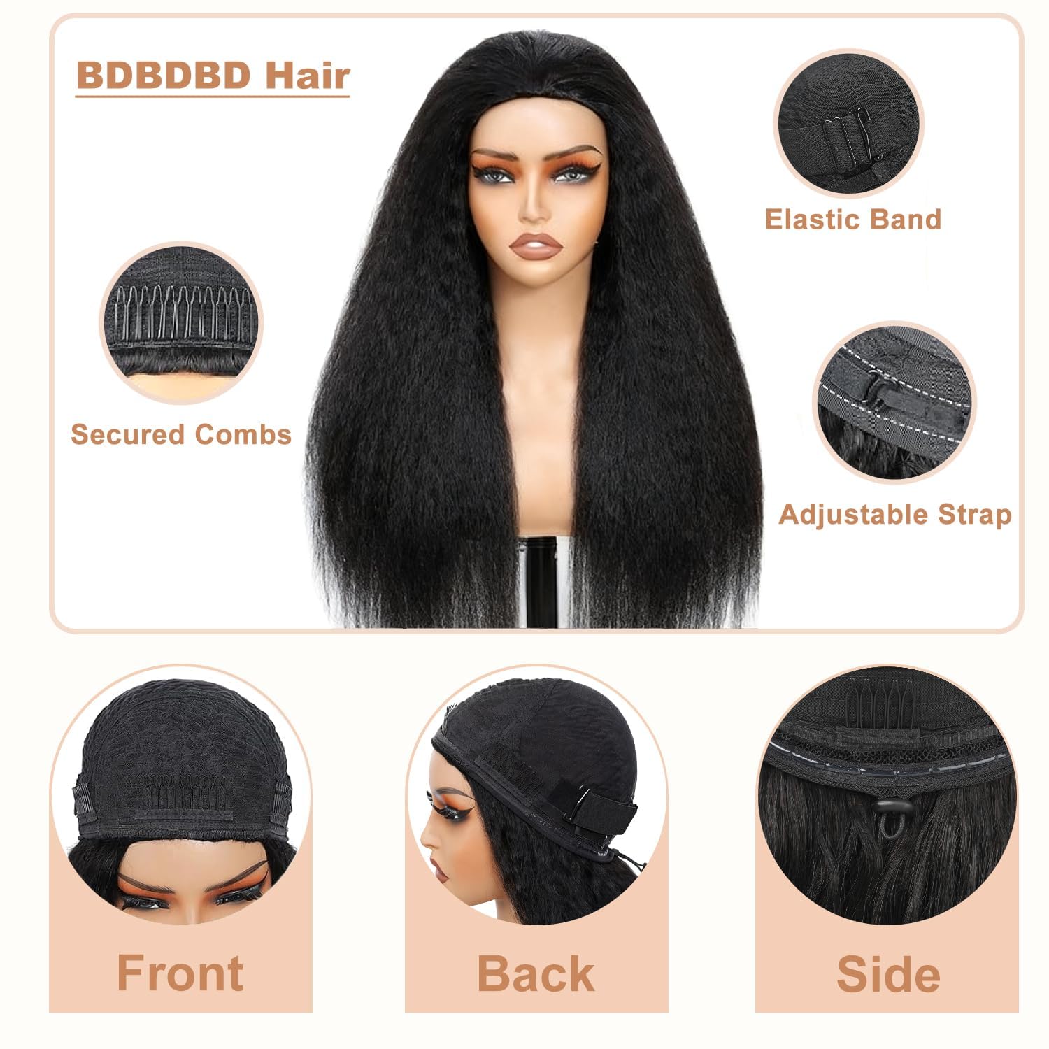 Kinky Straight Half Wig Human Hair 200% Density 3 In 1 Wear and Go Glueless Wigs Human Hair Half Wig Kinkystraight Seamless Flip Over Wig Human Hair Glueless Beginner Friendly Natural Black 16 Inch