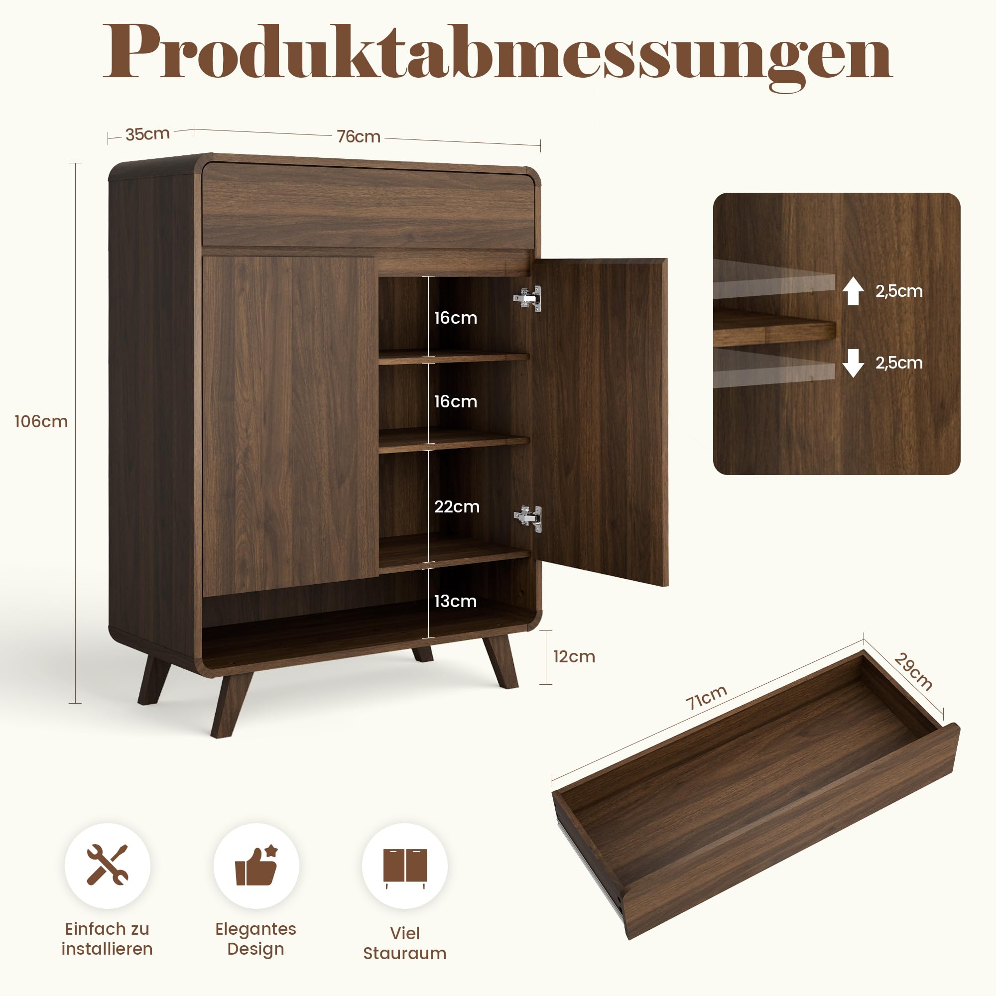 Pamapic Schuhschranks, Holz Schuhkommode mit 1 Schublade und 2 Türen, Schuhregal mit 4 Ebenen und Ablagen Regalen, Schmaler Schrank für Wohnzimmer, Flur, Schlafzimmer, 80 x 35 x 106,5 cm, Braun