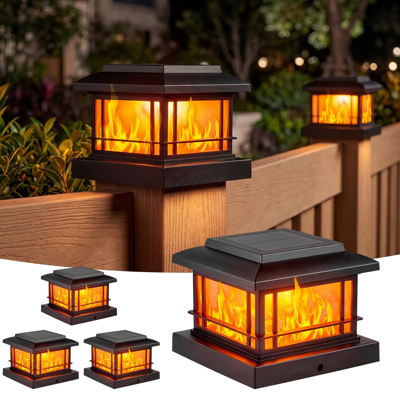 JOFIOS Flickering Flame Solar Post Cap Lights Outdoor, Black Post Lights with 3 Color Temperature, Fits 3.5" 4" 4.5" 5" Wood/Vinyl Posts, IP64 Waterproof Fence Deck Lights for Garden Patio Yard 4 Pack-image-16