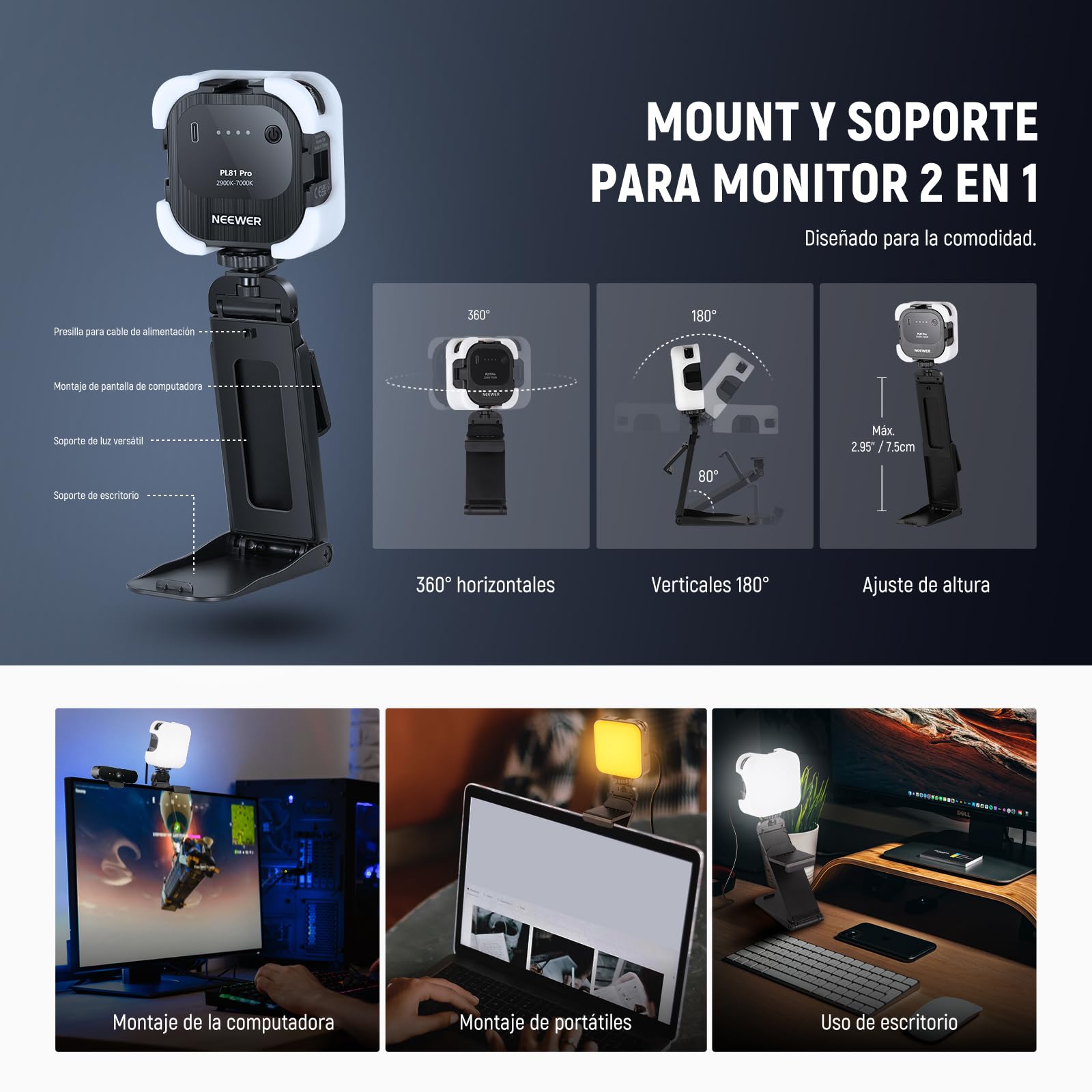 NEEWER Luz Streaming LED Profesional con Windows & macOS Software Control, 2 en 1 Monitor Mount y Soporte, 2900K-7000K Tonos Anchos Iluminación de Cámara Web USB para Videoconferencia Zoom PL81 Pro