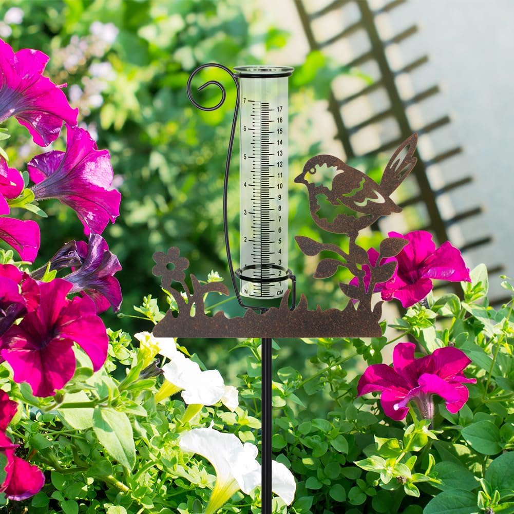 Rain Gauge Outdoor,7 Inch Decorative Bird Rain Gauges Outdoors Best Rated,Glass Water Rain Measure Gauge with Removable Metal Plate for Yard Patio Lawn Decor