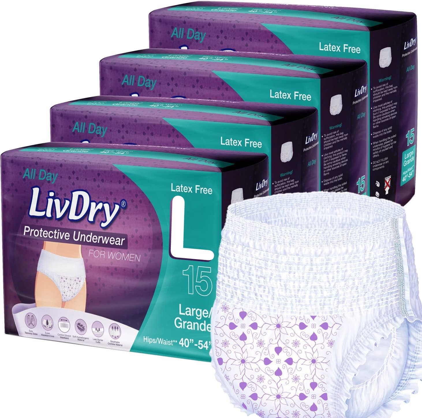 - Livdry L Adult Diapers Women Overnight, Ultimate Max Absorbency, All Day or Night Protection, Large (60 Count)