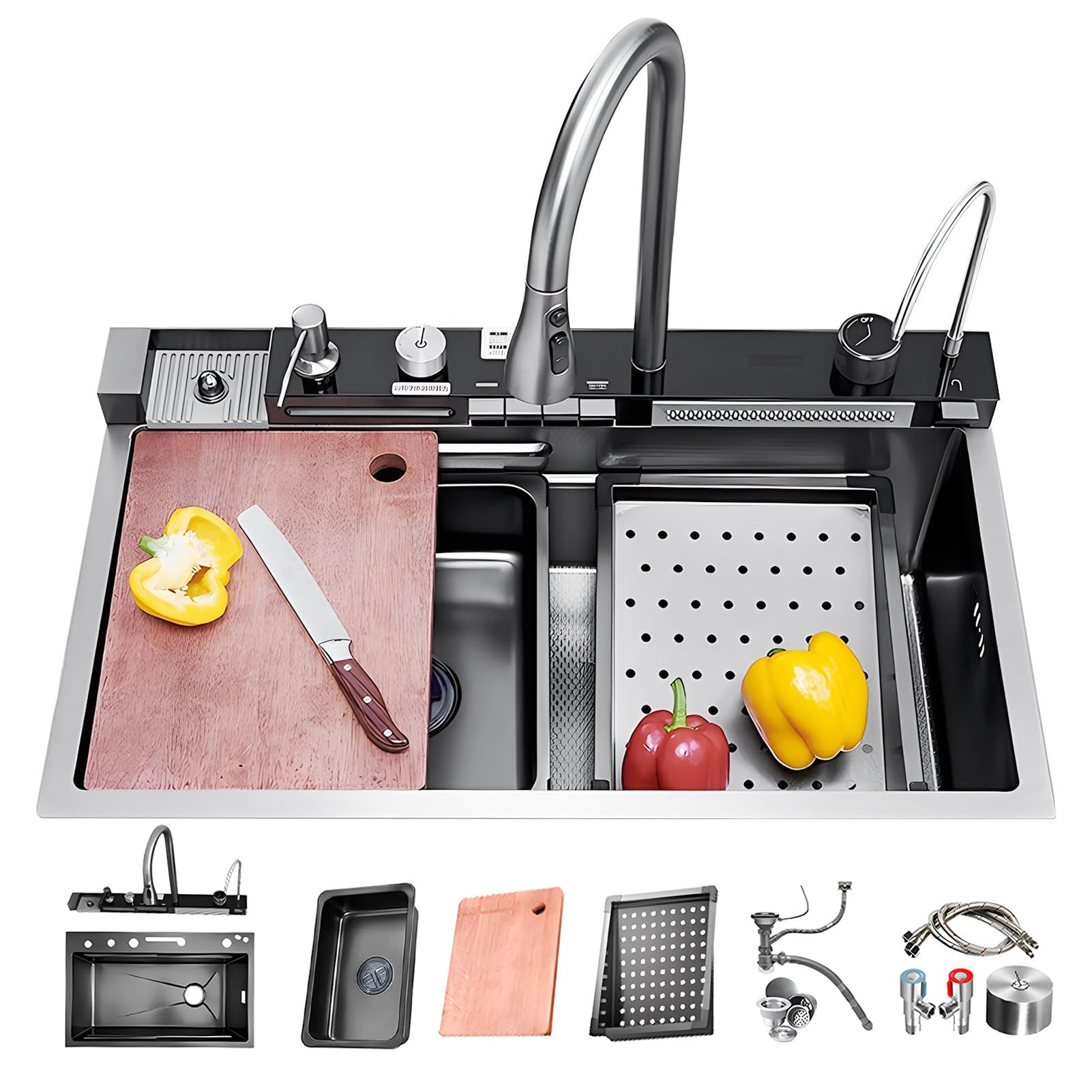 Évier de cuisine noir 68cm en inox avec lave-gobelets et cascade