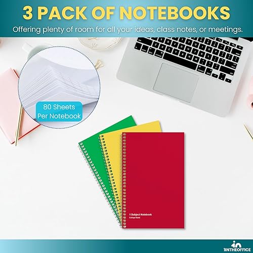 Miniatura 7 de 1InTheOffice Cuaderno de alambre de 1 materia, con rayas universitarias, 80 hojas, cuaderno en espiral de 5 x 7, 7 34 x 5 pulgadas, paquete de 3