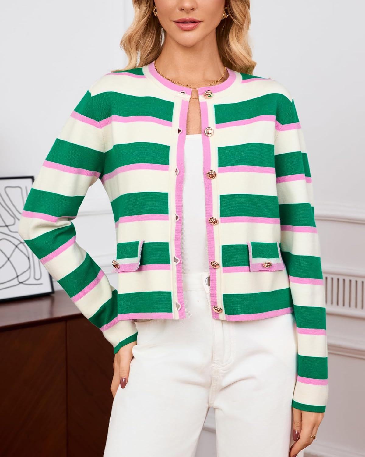 Women's Cardigan Sweater Open Front Color Block Button Down Knit Tweed Jackets Fall Cropped Coat