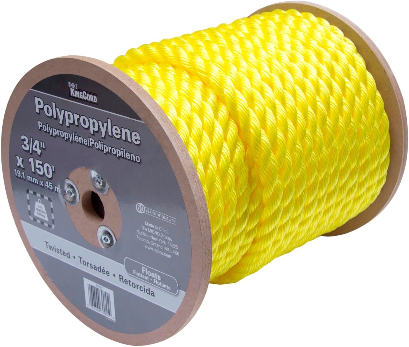 KingCord 300551 1800 in (45720 mm) x 3/4 in (19 mm) Twisted Polypropylene Rope, 1000 lbs Load Capacity, Yellow
