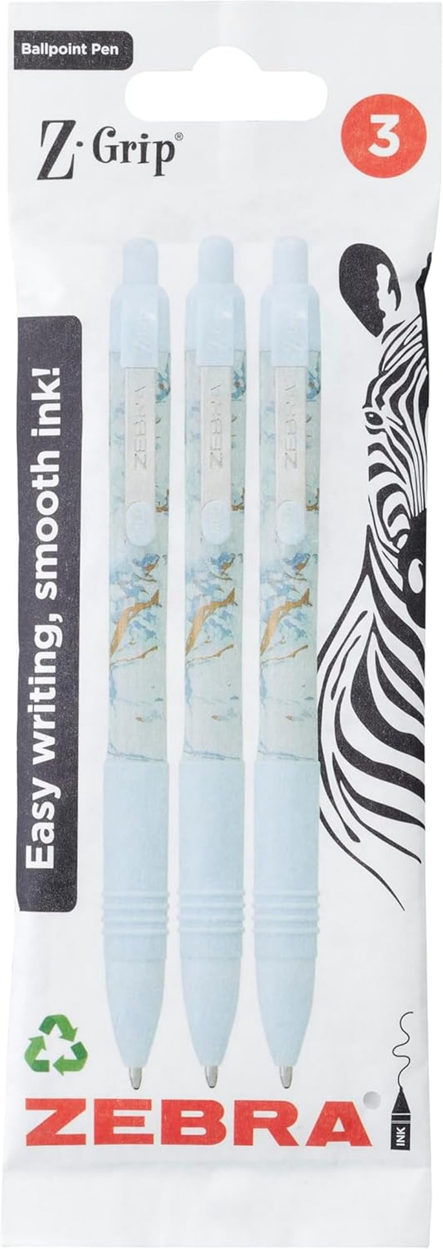 Zebra Pen Z-GRIP Smooth Glam Black 1 count (Pack of 3), Pastel Blue marble