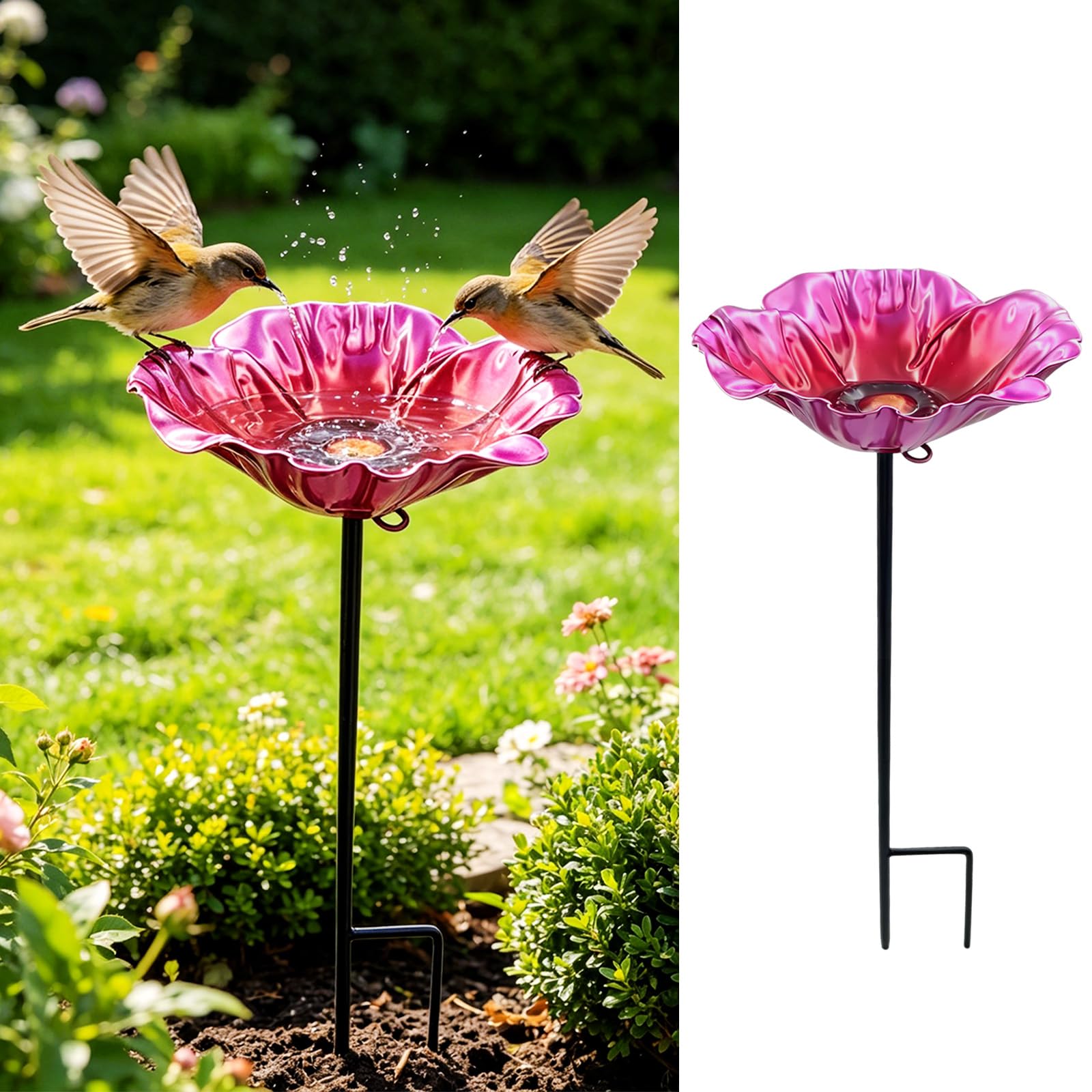 BSITSSS Metal Flower Bird Bath with Stake, Bee Butterfly Feeder for Garden