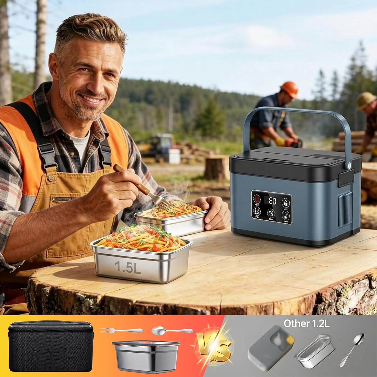 1.5L Heated Lunch Box for Men Loncheras Electricas para Calentar Almuerzo Temperature Adjustable Food Heater Adult Lunchboxes Indoor Outdoor Work Office Camping Travel
