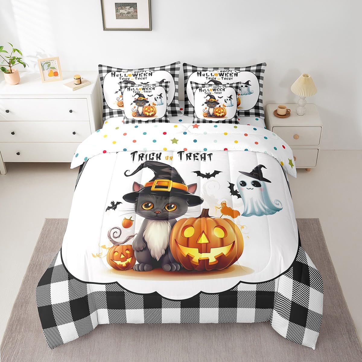 7 Piece Pumpkin Lantern Bed in a Bag Happy Halloween Sheet Set Trick Or Treat Themed Bedding Comforter Cute Cool Cat Print Fitted Sheet Gothic Skull Bats Spider White Ghost Decor Cushion Covers Twin