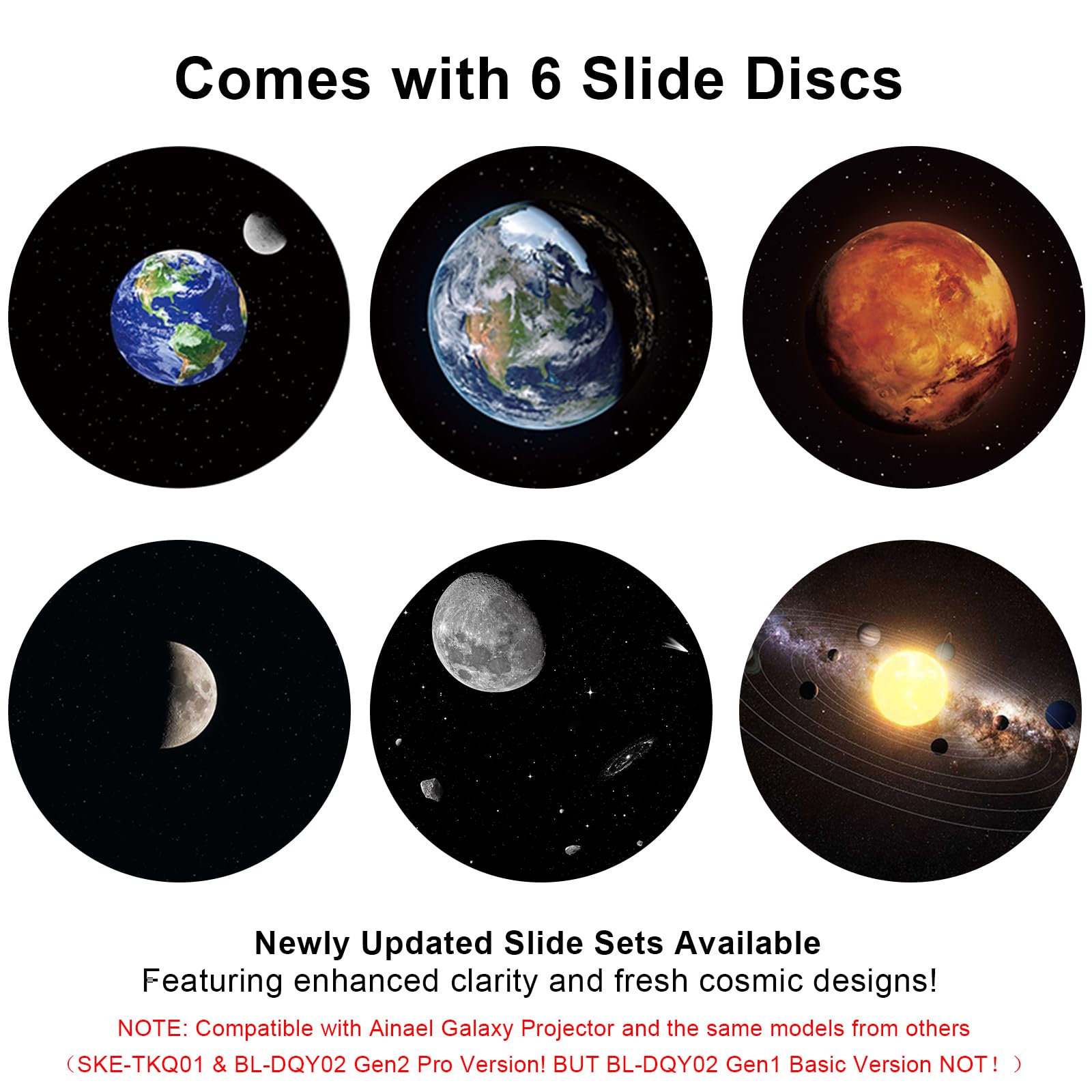 Galaxy Dischi per proiettore – Diapositive Ultra HD compatibile con il proiettore Ainael Galaxy e i modelli SKE-TKQ01 & BL-DQY02 (Pro Version) – Set da 6 dischi (Moon)