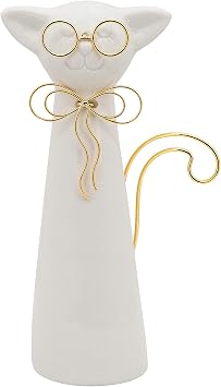 Elegant Ceramic Cat Sculpture with Glasses - Decorative Home Accent for Bathroom, Office Desk, and Coffee Table - Ornaments for Shelf, Bedroom, and Living Room Decor - 8", White & Gold