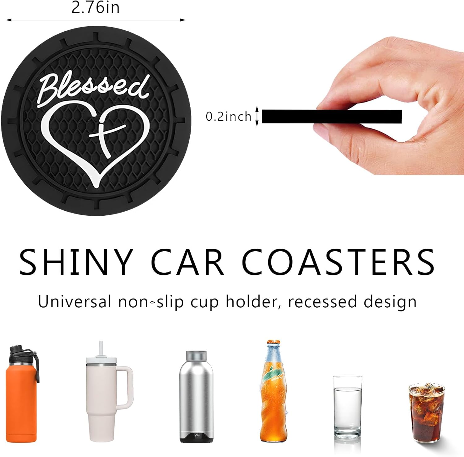 SHMZK 2 PCS Car Cup Holder Coaster, 2.76 Inch Blessed Cross and Heart Vehicle Insert Cup Coasters, Anti-Slip Shockproof PVC Drink Cup Mats for Most Vehicles, Car Accessories (Black)