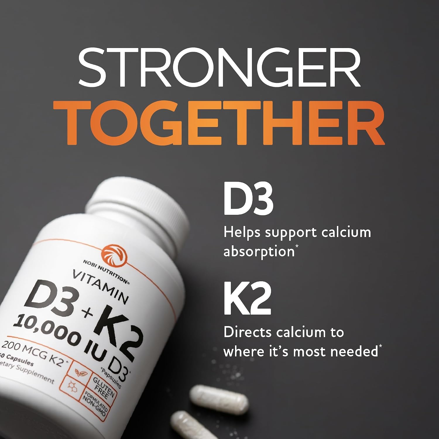 Vitamin D3 K2, 10000iu D3 + 200mcg K2, Bone, Immune, Energy & Mood Support | High Absorption Formula, Highly Bioavailable, Gluten-Free, Once-Daily D3K2 Vitamin Supplement, 60 Capsules (2 Month Supply)