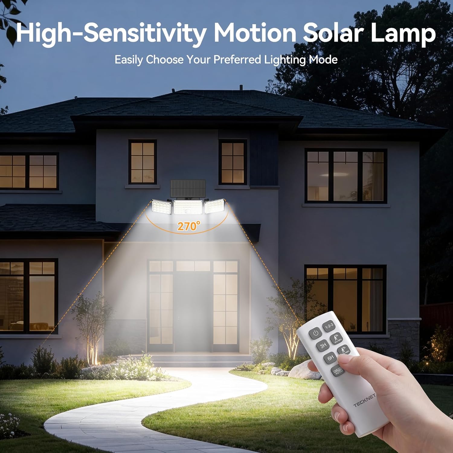 TECKNET Solar Lights Outdoor with Remote, 322 LED 3500LM Motion Sensor Outdoor Lights, 270° Adjustable Heads IP66 Waterproof Solar Flood Lights Outdoor for Yard Garage Pool, 2 Pack