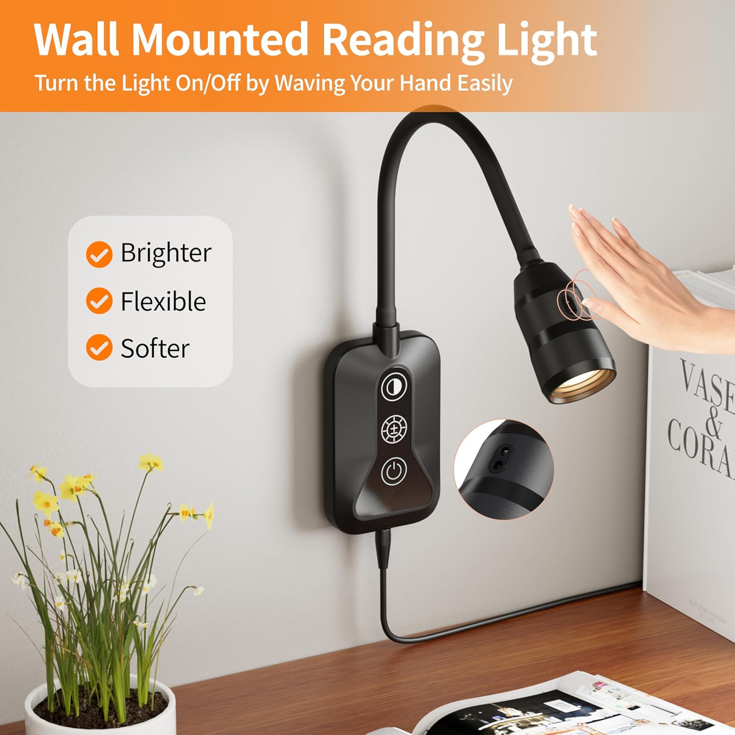 LED Wall Mounted Reading Light with Wave Sensor/Touch Switch, 5 Color & 5 Level Dimmable Touch Book Light for Reading with USB C Charging Port, Eye-Care Bedside Reading Lamp for Bed,Heaboard (Black)