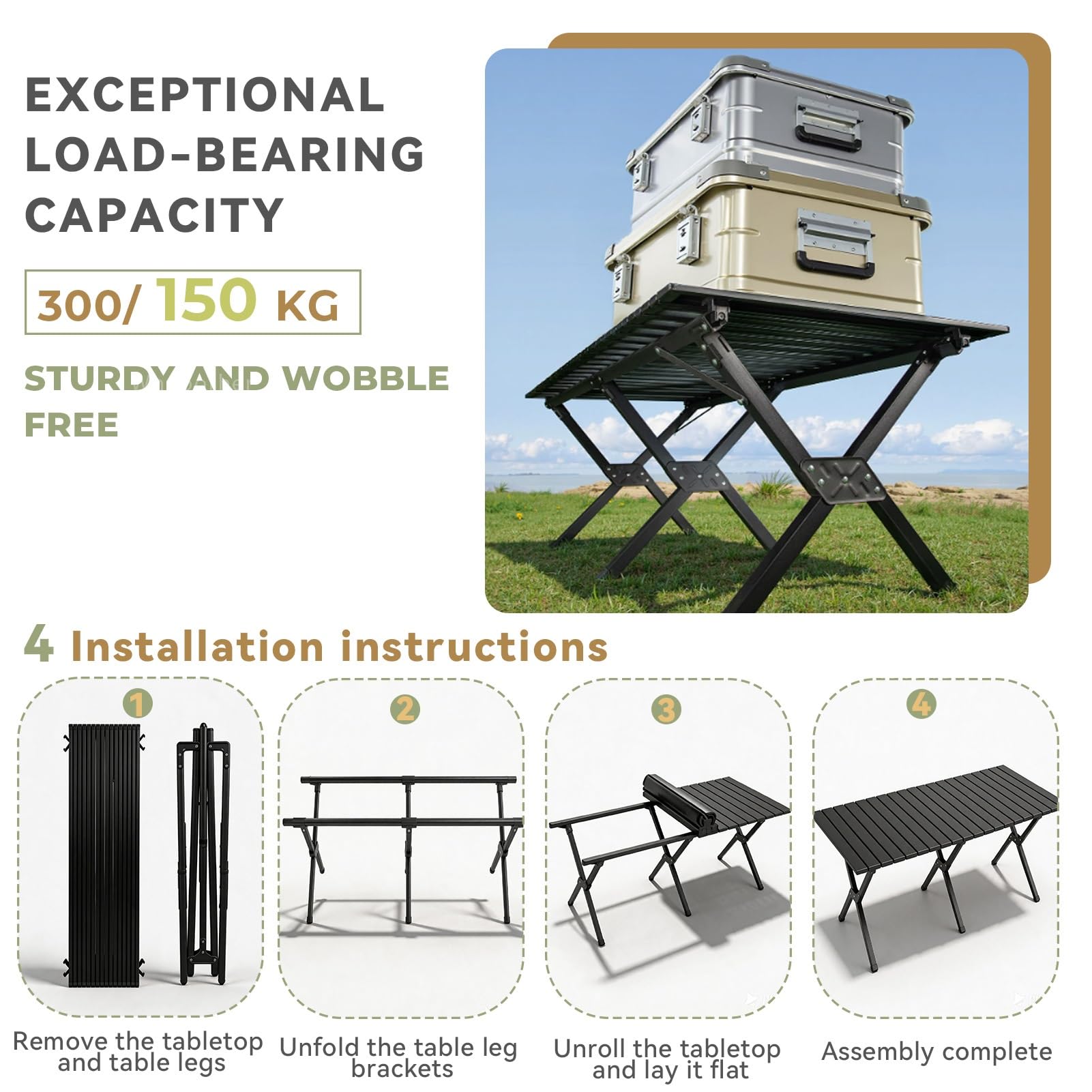 Mesa de Camping Marco de Acero Plegable con Bolsa de Transporte Superior Enrollable Mesas Impermeables de Acero al Carbono ultraligeras Pequeña Mesa utilitaria(Negro,60cm)