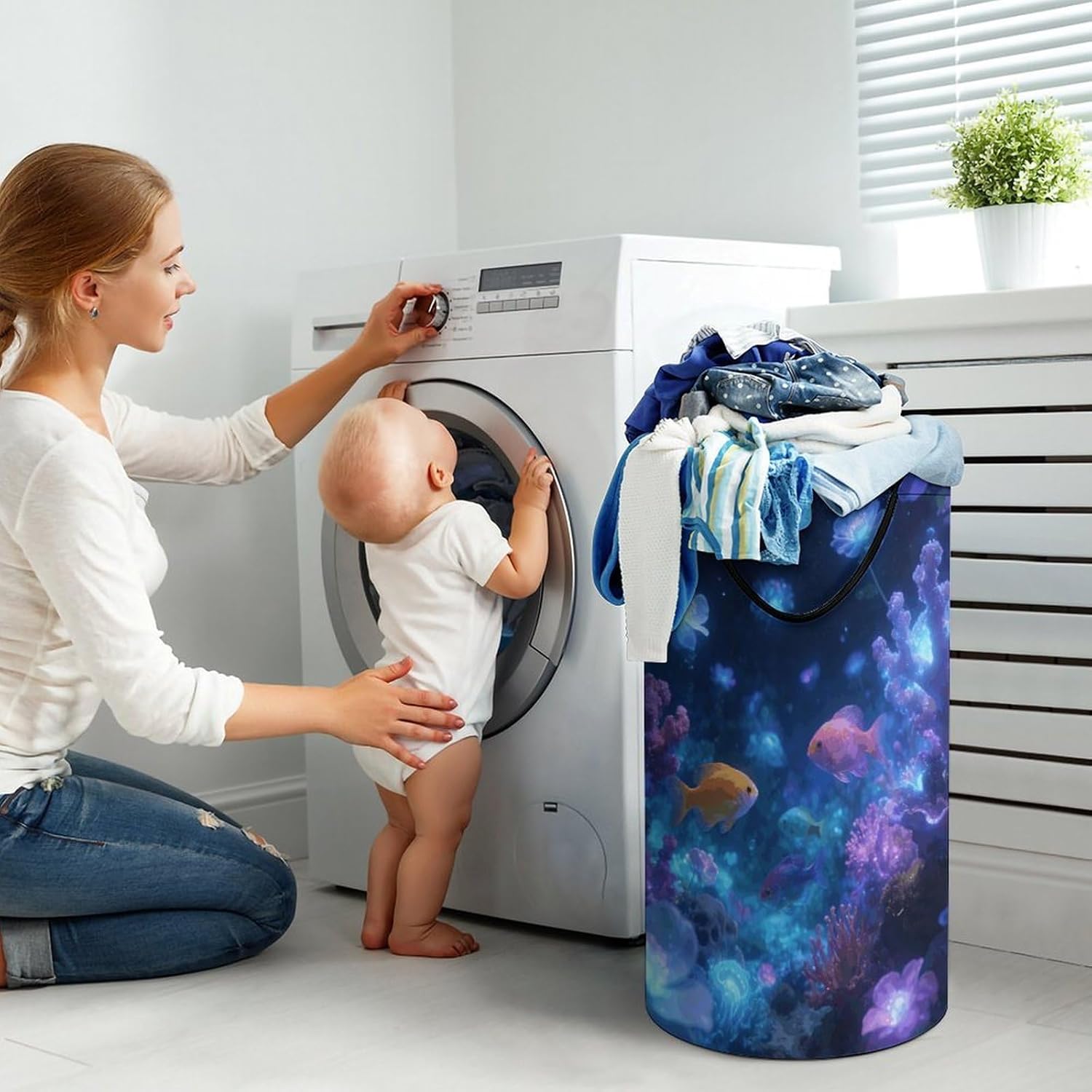 Starry Sea And Illusory Island Laundry Hamper with Handles Waterproof Collapsible Laundry Basket Large Lightweight Round Dirty Clothes Hamper for Home Dorm Bathroom Decor