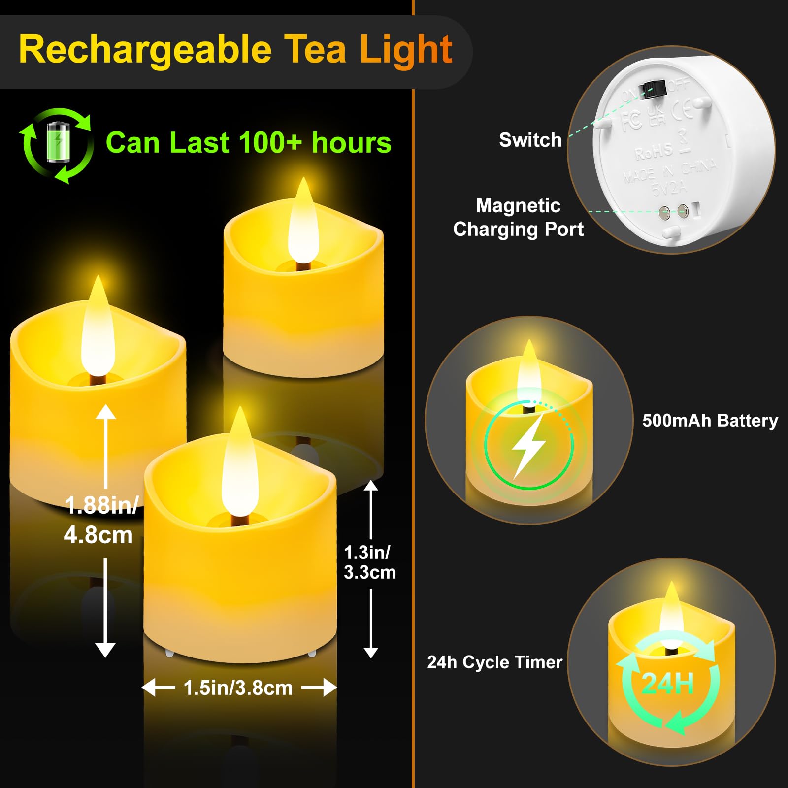 YiaMia Confezione da 12 lumini magnetici a LED ricaricabili, possono durare oltre 100 ore, senza fiamma, luce LED senza fiamma, con base di ricarica, telecomando e timer 24 ore, candela a batteria per