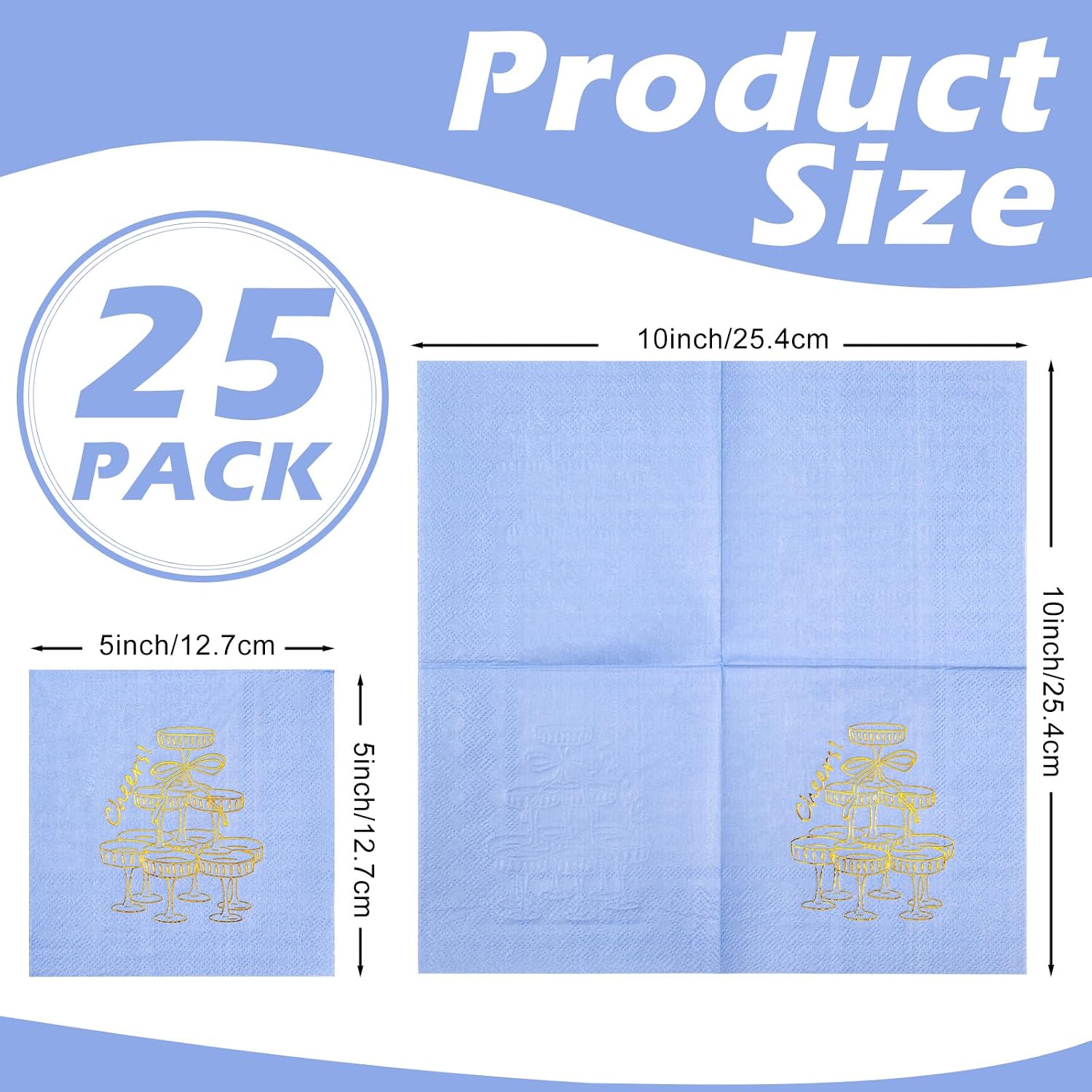 RUSPEPA 25 Pcs Wedding Paper Napkins, Blue Gold Foil Champagne Tower Cheers & Bow Design Disposable Cocktail Napkins for Wedding Reception, Bridal Shower, Engagement Party Table Decor, 5 x 5 Inch image 2