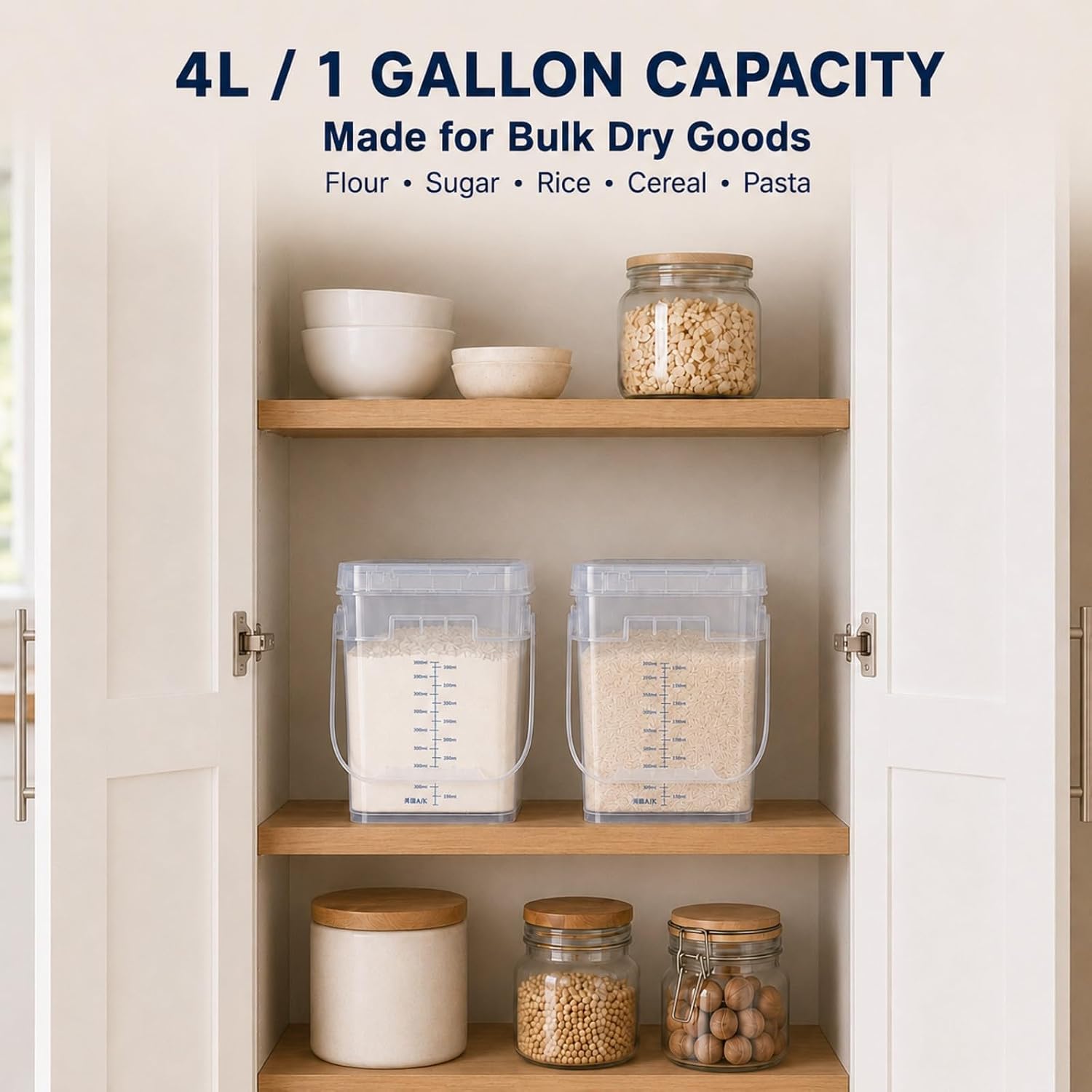 ASEVAT 2 Pack 1 gallon (4L/4.2 Qt) Square Food Storage Containers with Lids & Scoops, BPA-Free Pantry Organizer Bins for Flour, Rice, Sugar, Cereal & Pasta, Clear Graduated Stackable Dry-Goods Storage