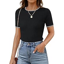 Women's Summer Short Sleeve Ribbed Knit Slim Fit T Shirt 2026 Crewneck Basic Casual Color Block Tee Tops