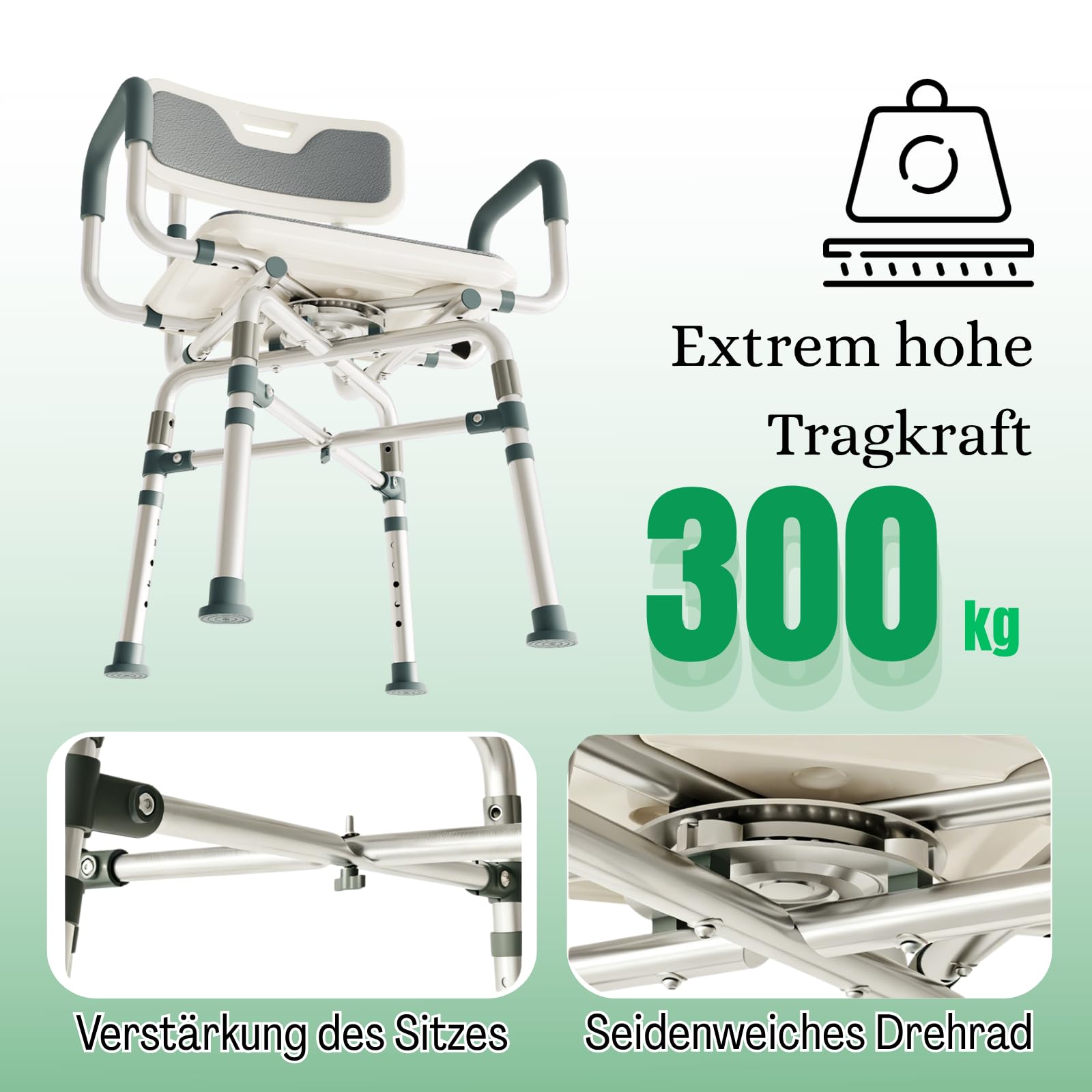RMAN Krzesło prysznicowe, obracane o 360°, do 300 kg, przenośne, antypoślizgowe | Niemcy, aluminium, z oparciem i podłokietnikami, montaż bez użycia narzędzi, dla seniorów o ograniczonej mobilności