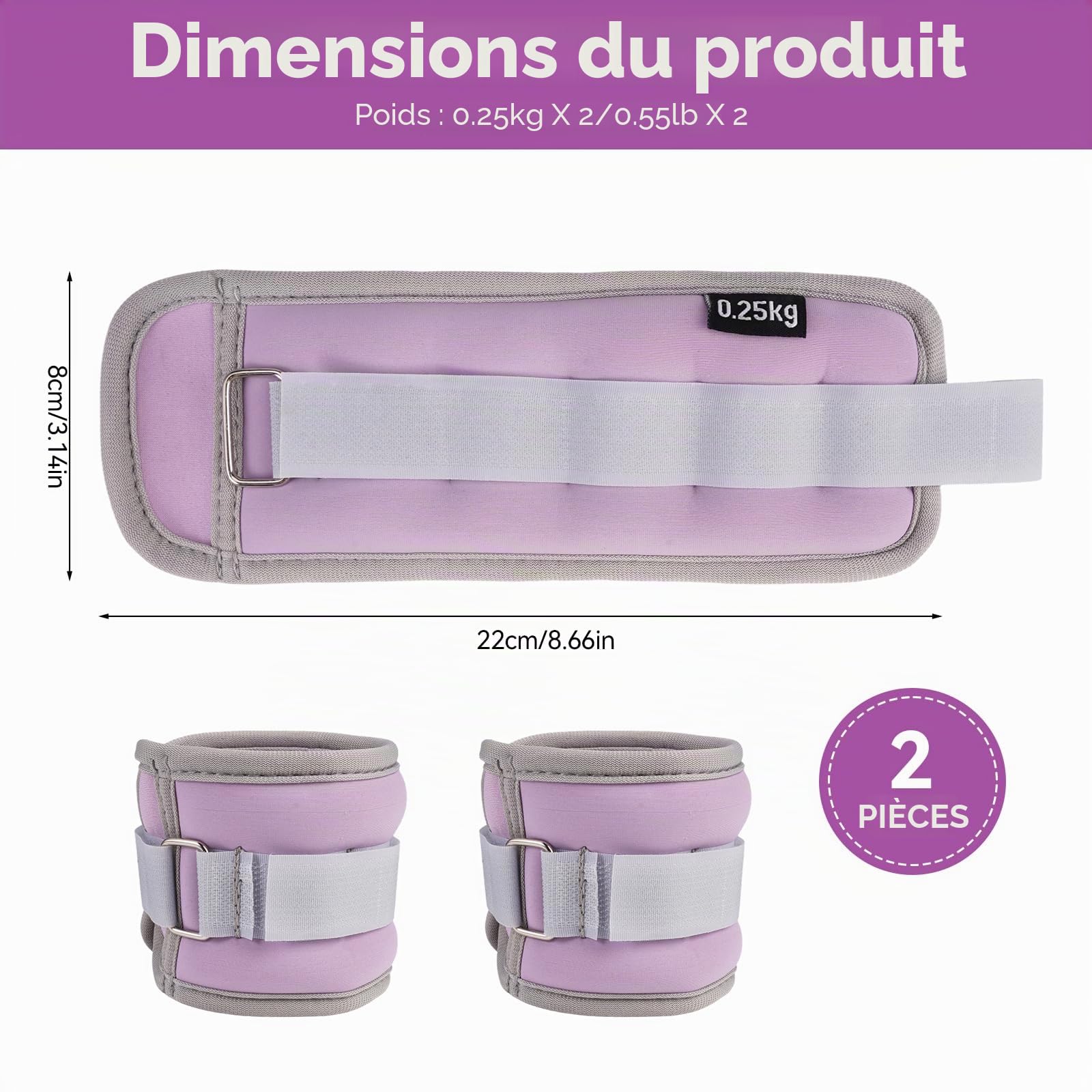 Lot De 2 Poids Poignet 0,25 Kg – Lestes Cheville Réglables, Polyester, Pour Fitness, Marche, Pilates, Jogging (Violet)