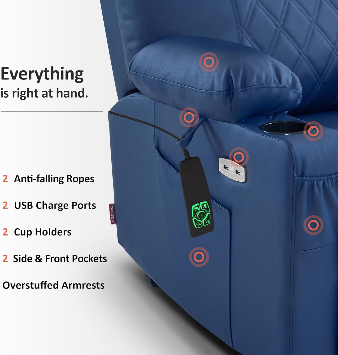 MCombo Small Power Lift Recliner Chair Sofa with Massage and Dual Heating, Adjustable Headrest for Elderly People Petite, USB Ports, Faux Leather 7111 (Blue)