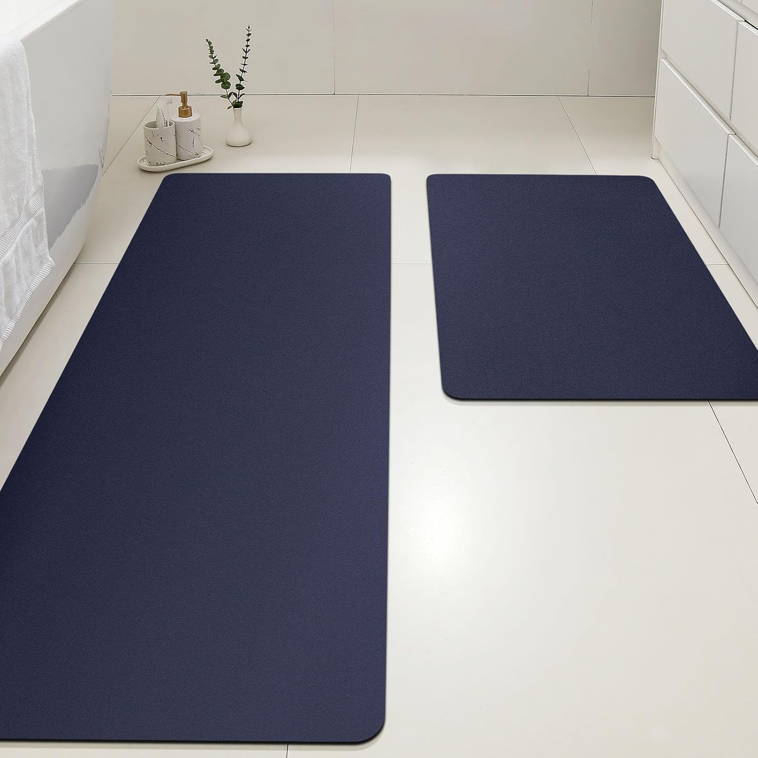 Ultra Thin Bath Mat, Upgrade Backing Non Slip Thin Bath Mats Fit Under Door, Quick Dry Ultra Absorbent Bathroom Rugs, Machine Washable Bath Rugs for Bathroom, Bathtub, Dark Blue/Solid/24"x17"+48"x20"