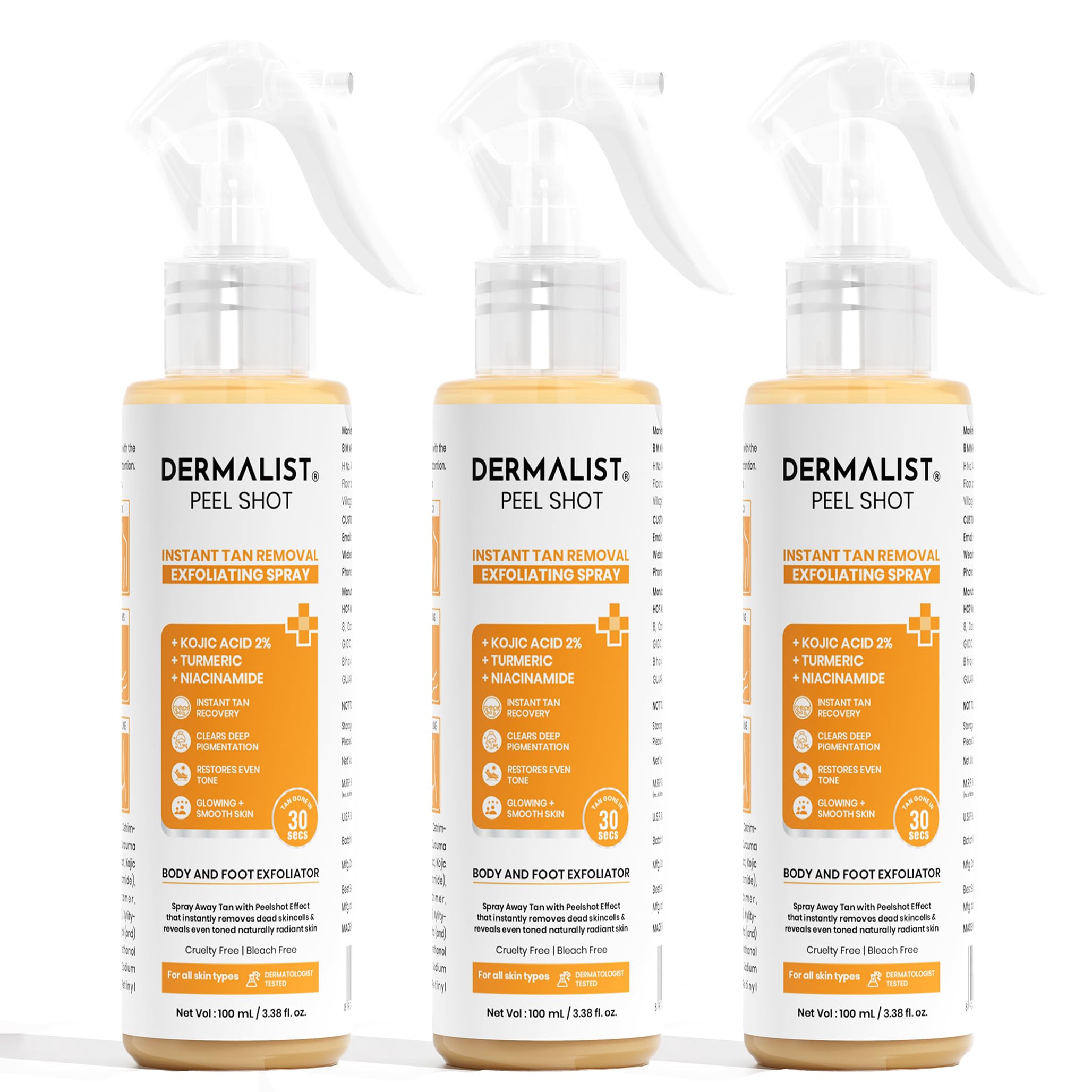 Dermalist Peel Shot Instant Exfoliating Tan Removal Spray | Kojic Acid 2%, Niacinamide, Turmeric | AHA BHA PHA | Dead Skin Remover, Soothes Skin | Pack Of 3 | 300 ml-image-46