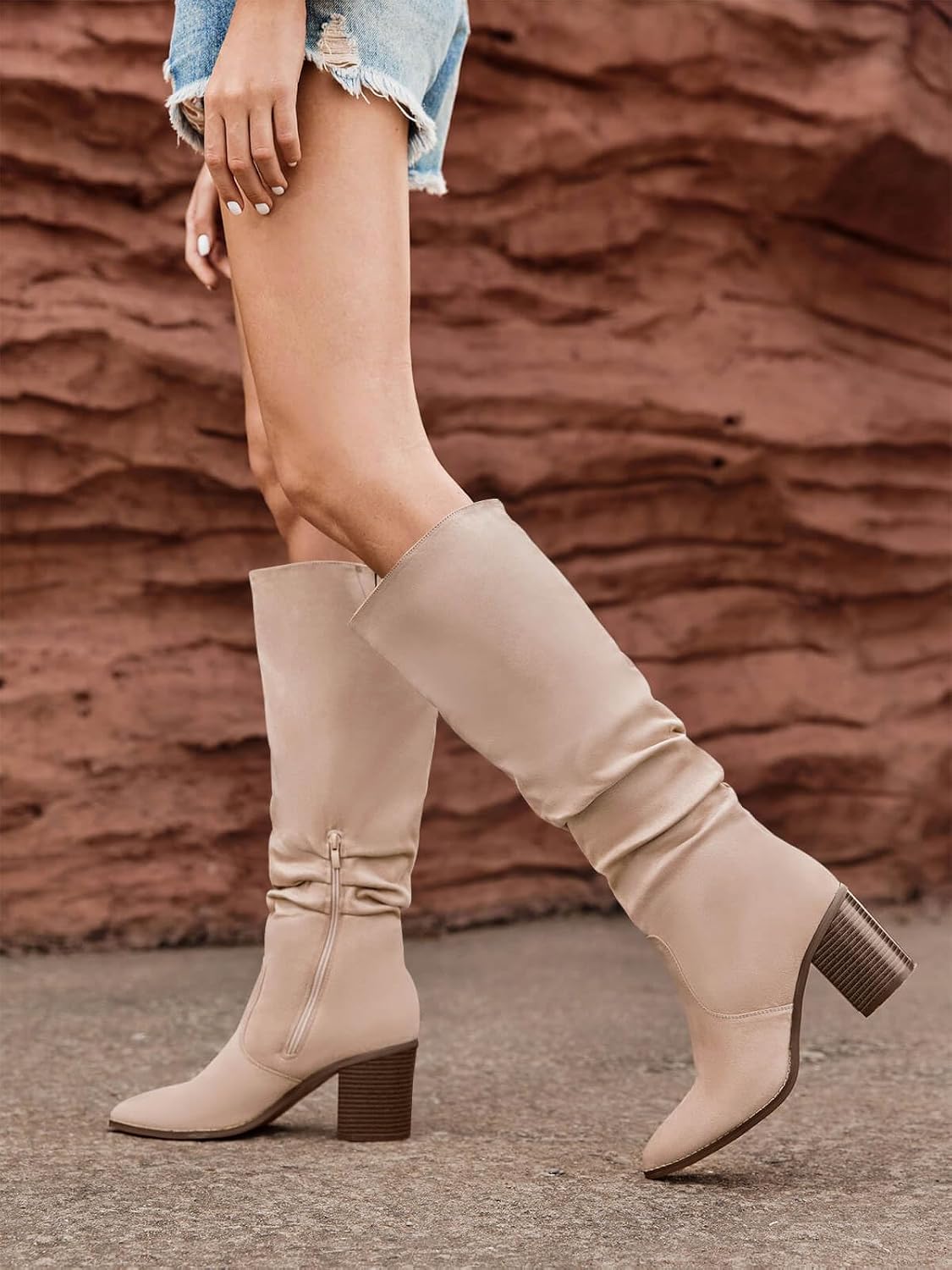 Huiyuzhi Womens Pointed Toe Mid Chunky Heel Side Zipper Knee High Boots Tall Booties - Image 3