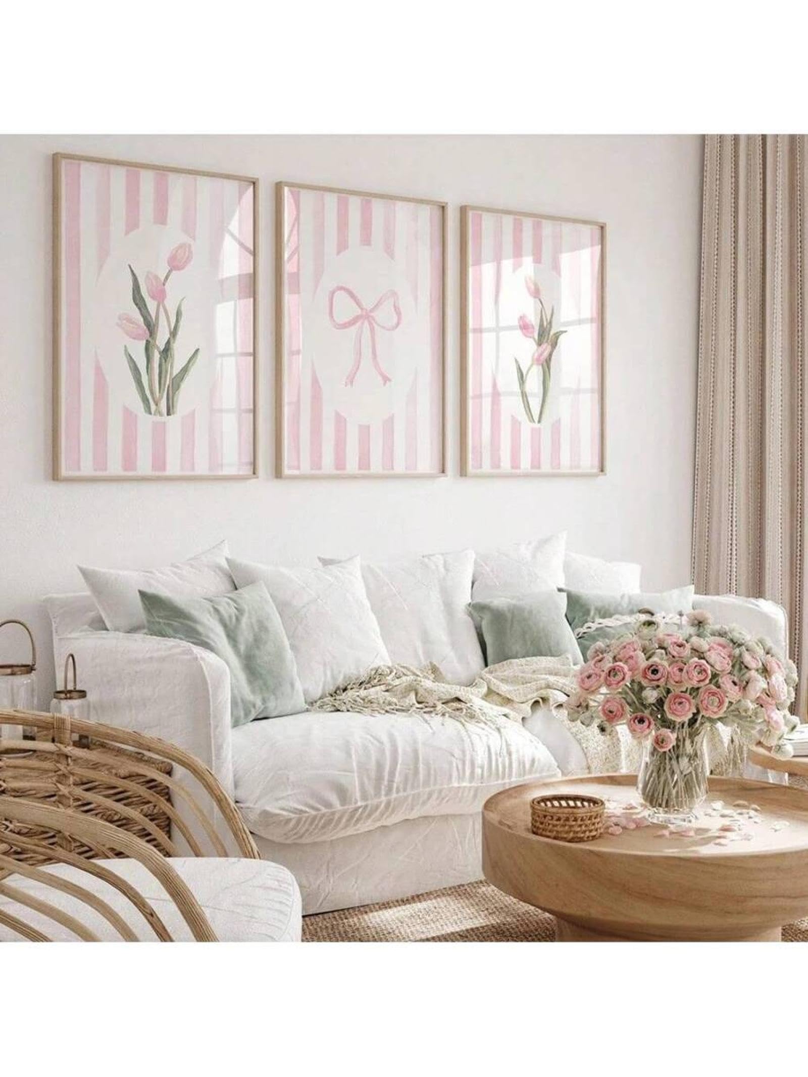 lianyibo Set di 3 stampe su tela con fiori e tulipani motivo boho botanici rosa e fiocco stile preppy per camerette da ragazza decorazione Dopamine 70x90cmx3 senza cornice.